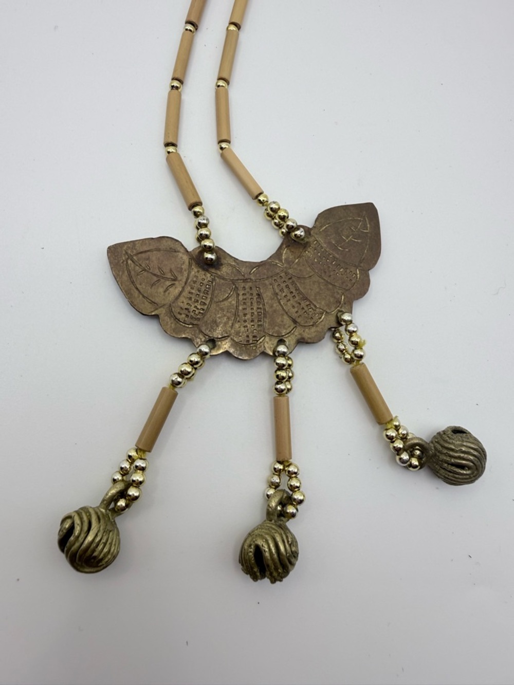 Boho Statement Bib Necklace Wood Bead Brass Pendant Fringe Festival Jewelry EUC